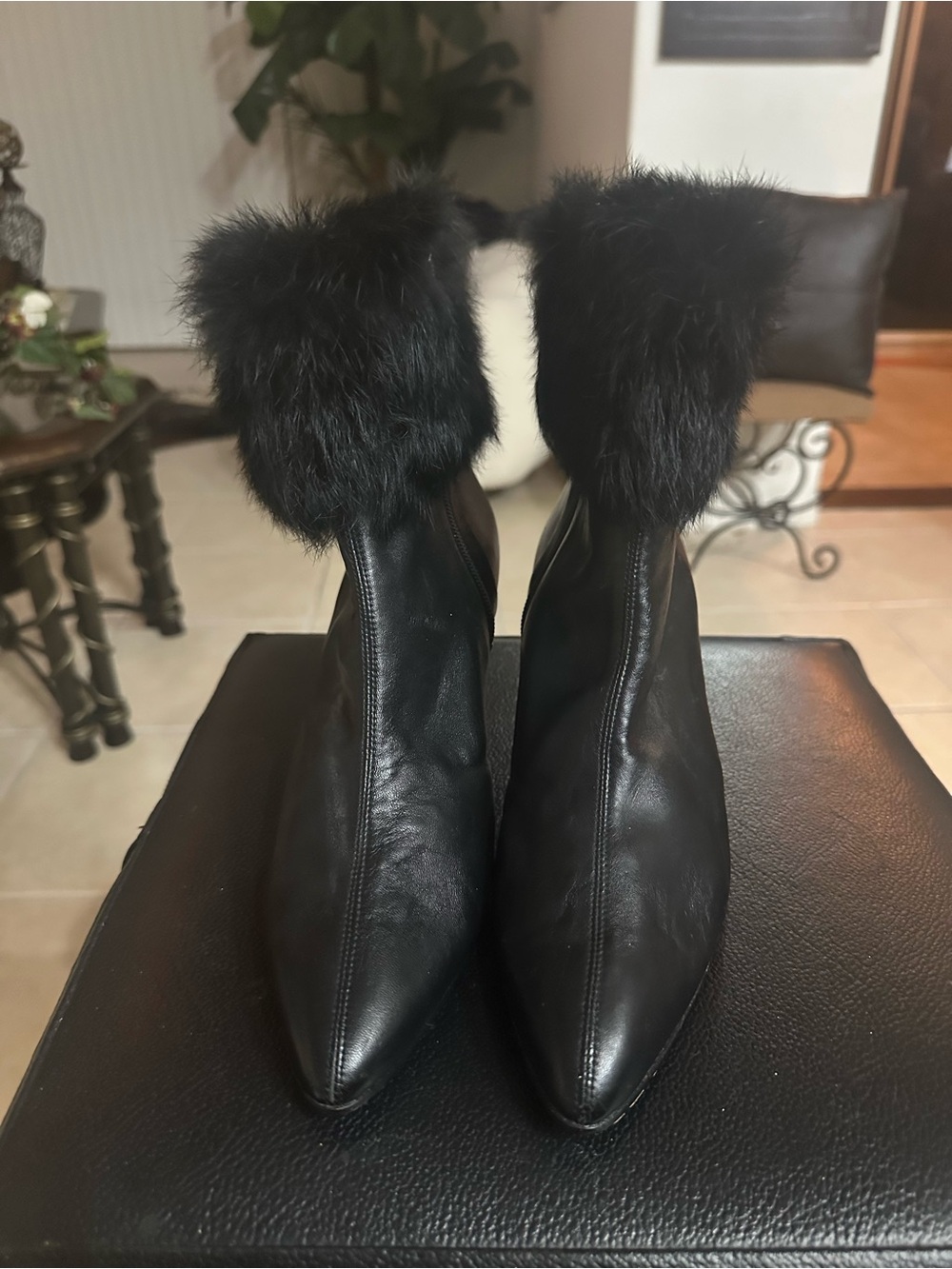Pointed Toe Black Fur-Trim Ankle Booties